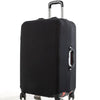 Black stretch fabric luggage protector cover with silver handle and wheels