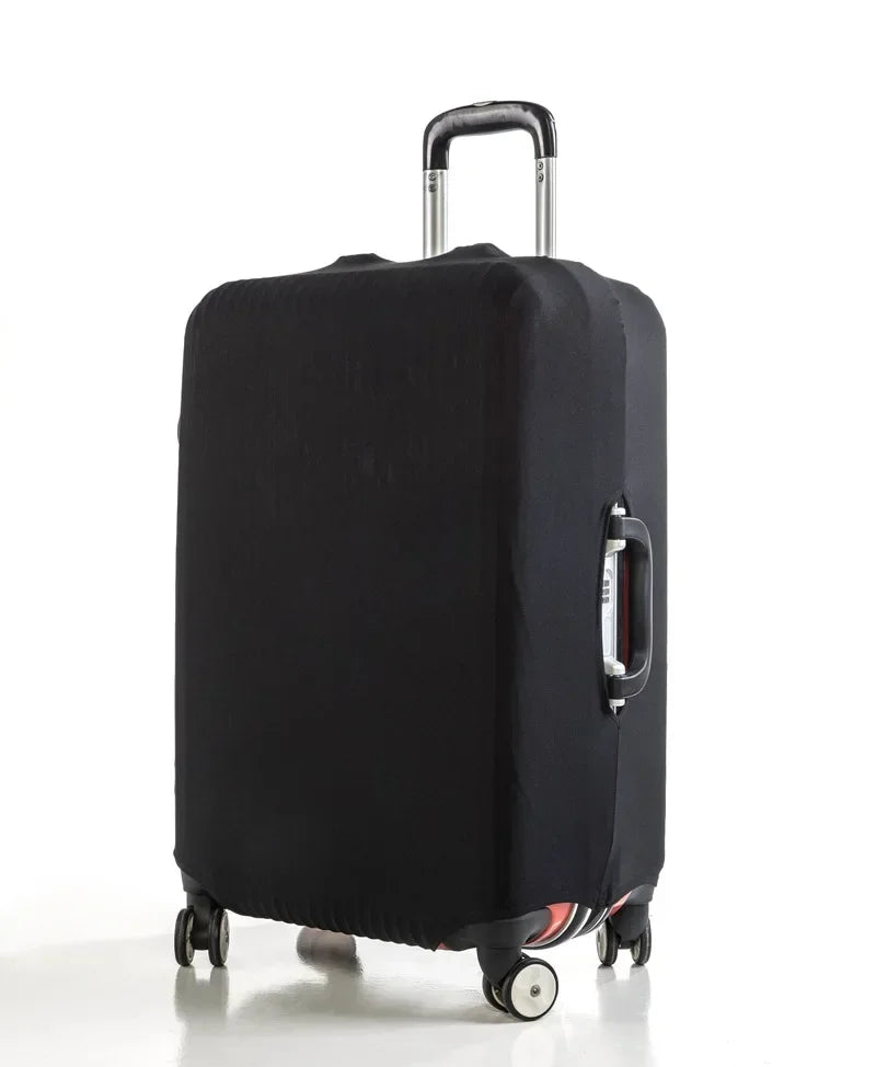 Black stretch fabric luggage protector cover with silver handle and wheels