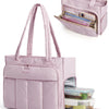 A light purple insulated work tote bag with quilted detailing and a separate zippered pouch containing various items.