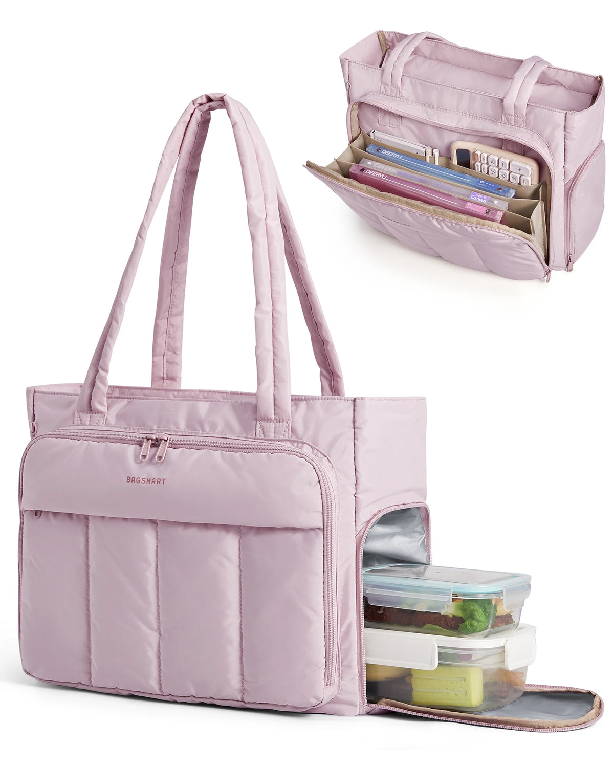 A light purple insulated work tote bag with quilted detailing and a separate zippered pouch containing various items.