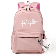A pink nylon backpack with a heart and butterfly design on the front.