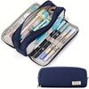 A navy blue pencil case filled with various colored pencils and pens.