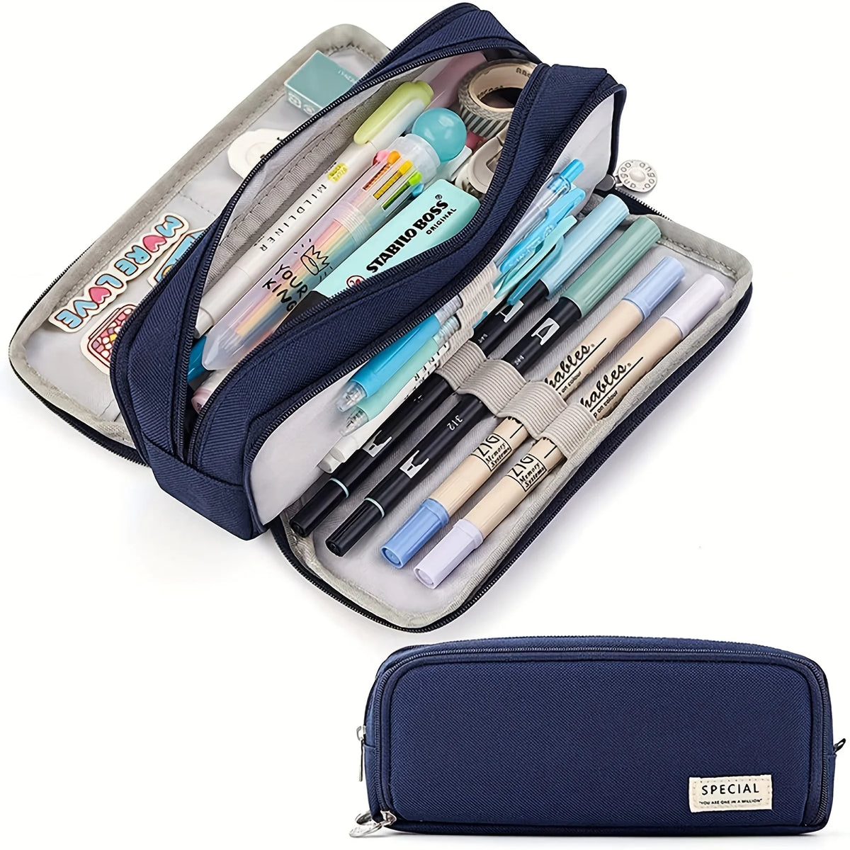 A navy blue pencil case filled with various colored pencils and pens.