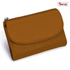 A brown genuine leather mini card holder wallet with a zipper closure and RFID protection logo.