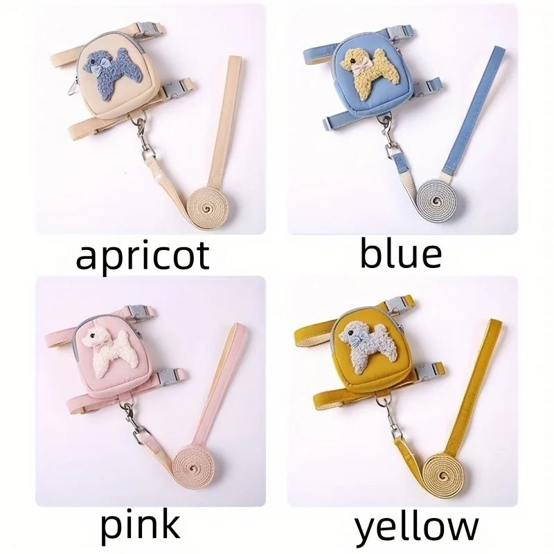 Adjustable dog vest with backpack and leash shown in apricot, blue, pink, and yellow colors.