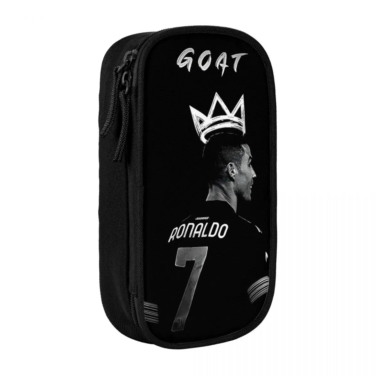 Black pencil case featuring a graphic of the text GOAT and a crown above the name RONALDO with the number 7