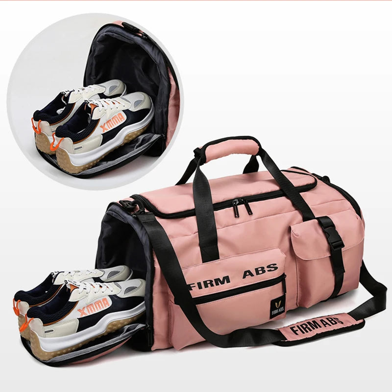 Pink tactical backpack with black straps and a pair of XMMO sneakers shown alongside.