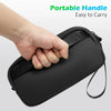 A hand is holding a black portable handle organizer pouch for easy carrying.