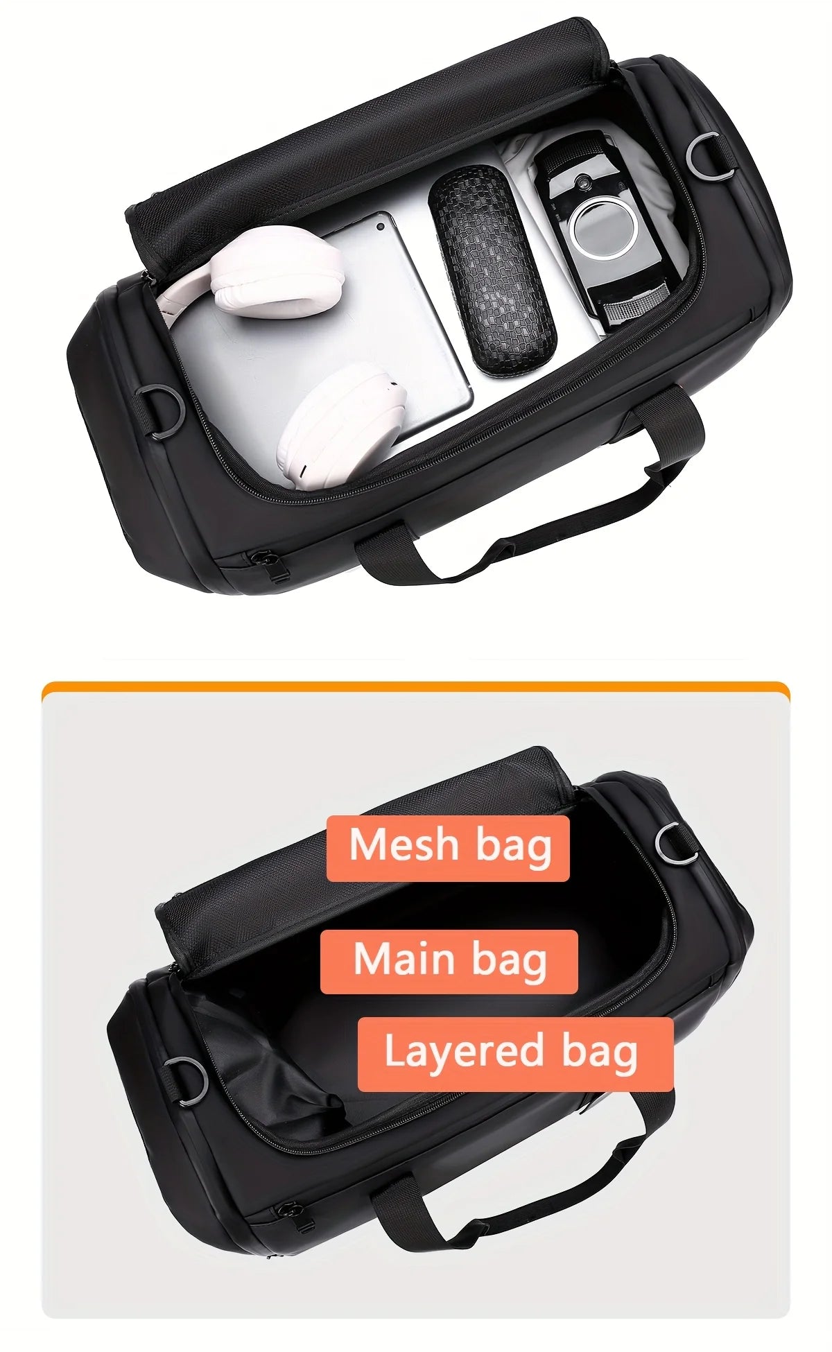 Black large capacity travel duffel bag showing interior organization with headphones and accessories