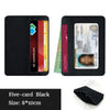 Black five-card wallet with a clear window showing an ID card and bank cards