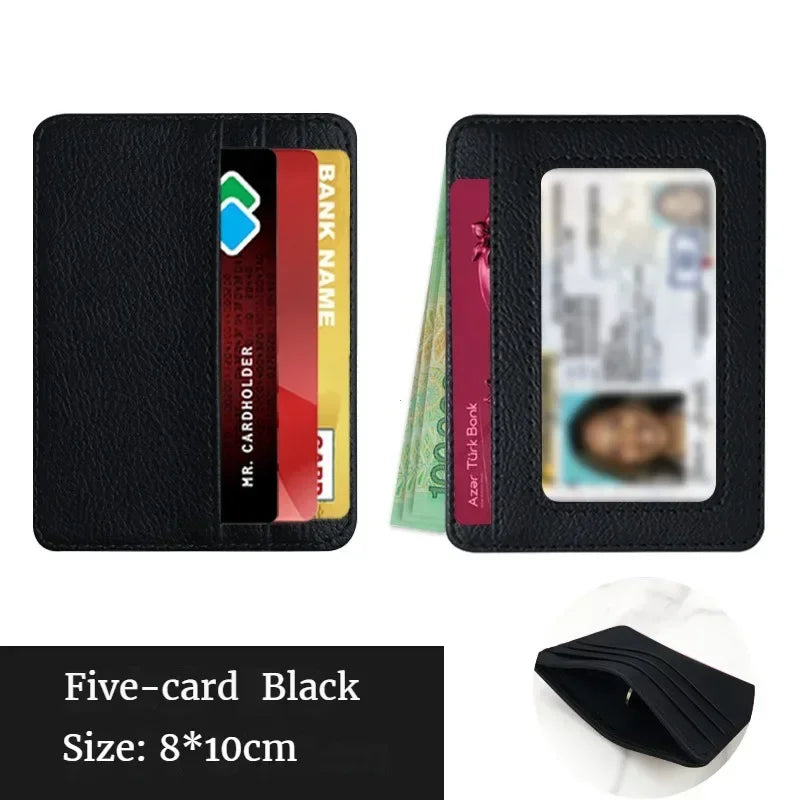 Black five-card wallet with a clear window showing an ID card and bank cards