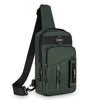 A dark olive green men's multi-compartment nylon crossbody sling bag with a black strap.