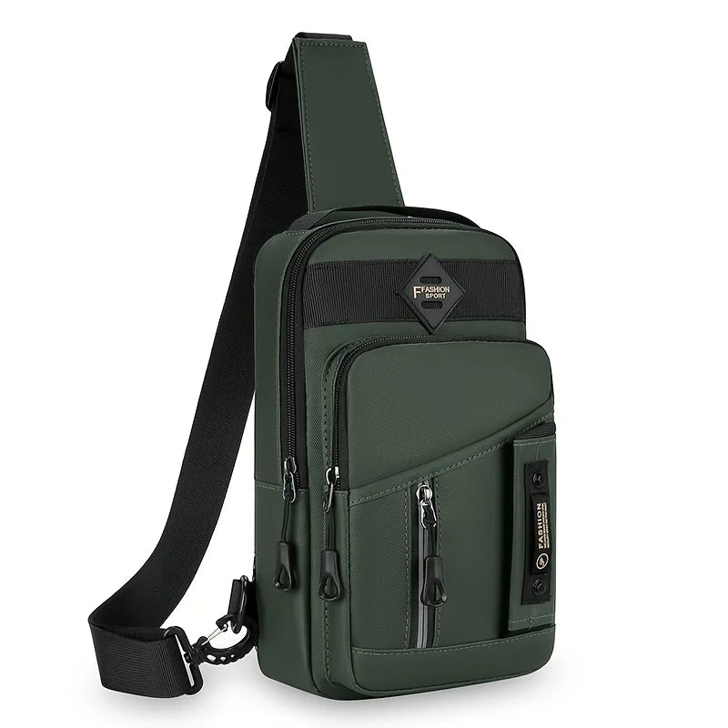 A dark olive green men's multi-compartment nylon crossbody sling bag with a black strap.