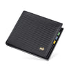 A black genuine leather bifold wallet with a textured finish and gold-colored stitching.