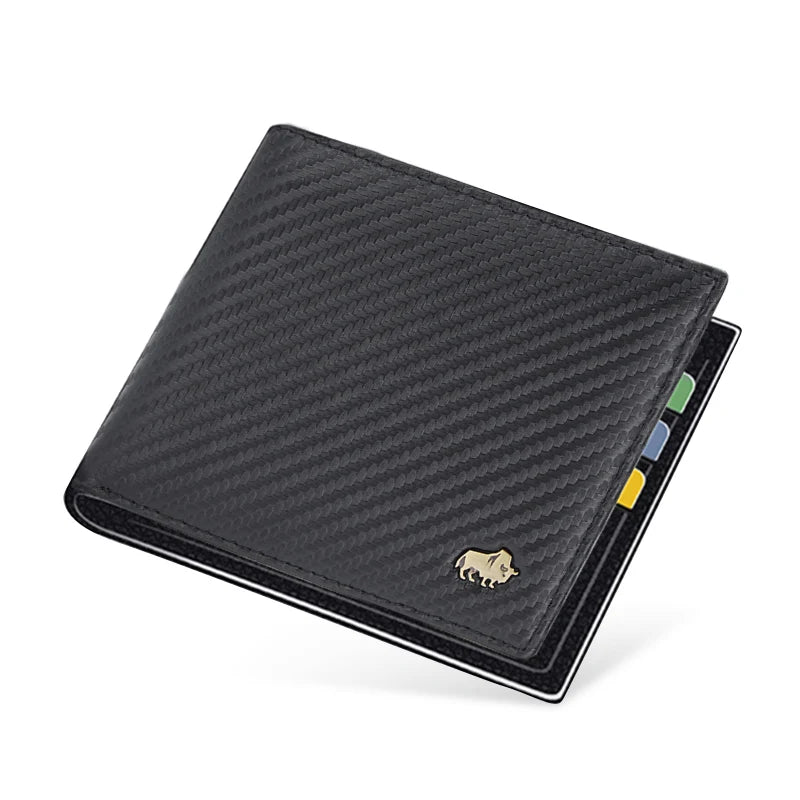 A black genuine leather bifold wallet with a textured finish and gold-colored stitching.