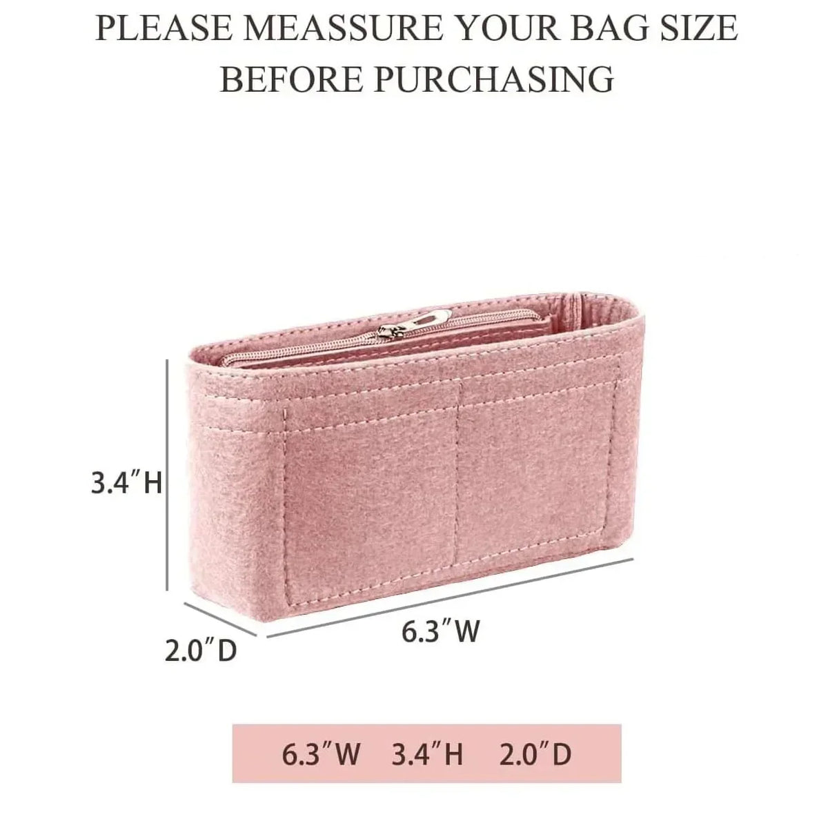 Organisateur de sac en fausse suede rose, mesurant 16 cm de large, 8.6 cm de haut et 5 cm de profondeur.