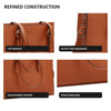 Close-up views of a refined brown leather laptop tote bag showing top handles, silver-tone hardware, fine texture, and struct