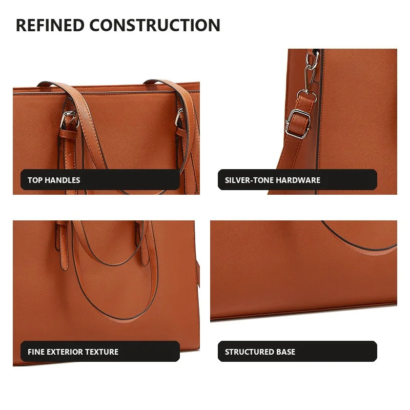 Close-up views of a refined brown leather laptop tote bag showing top handles, silver-tone hardware, fine texture, and struct