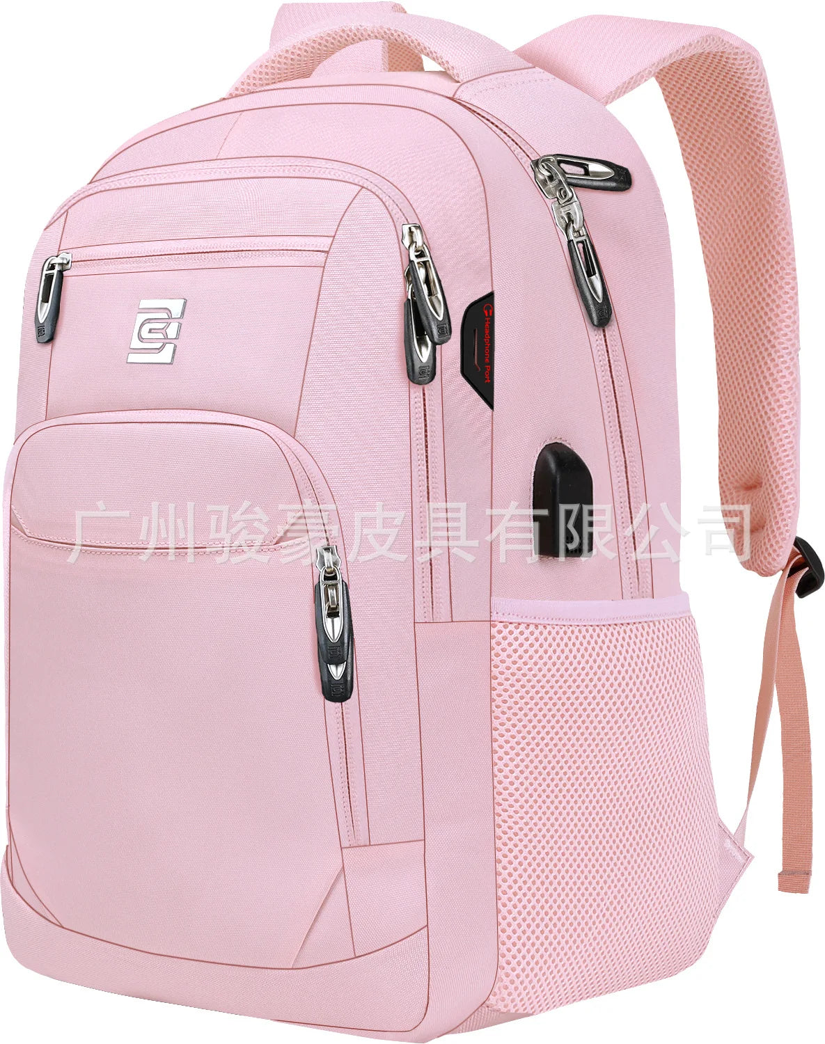 Pinker strap mit schwarzen Reißverschlüssen, langlebiger Laptop-Rucksack in Pink.