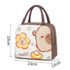 A beige and brown cartoon capybara insulated lunch bag with a handle.