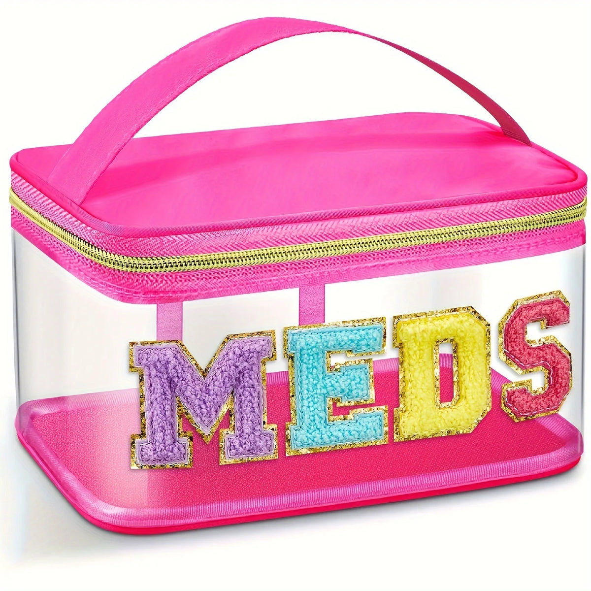 A clear pink toiletry bag with a zippered lid and a personalized letter accent spelling out MEDS