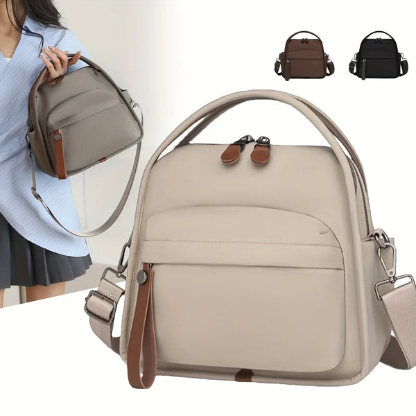 A beige multi-pocket shoulder crossbody bag shown with several variations and a woman wearing a light blue top.