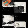 Close-up views of a black nylon crossbody bag showing the zipper, interior lining, hardware, and strap details.