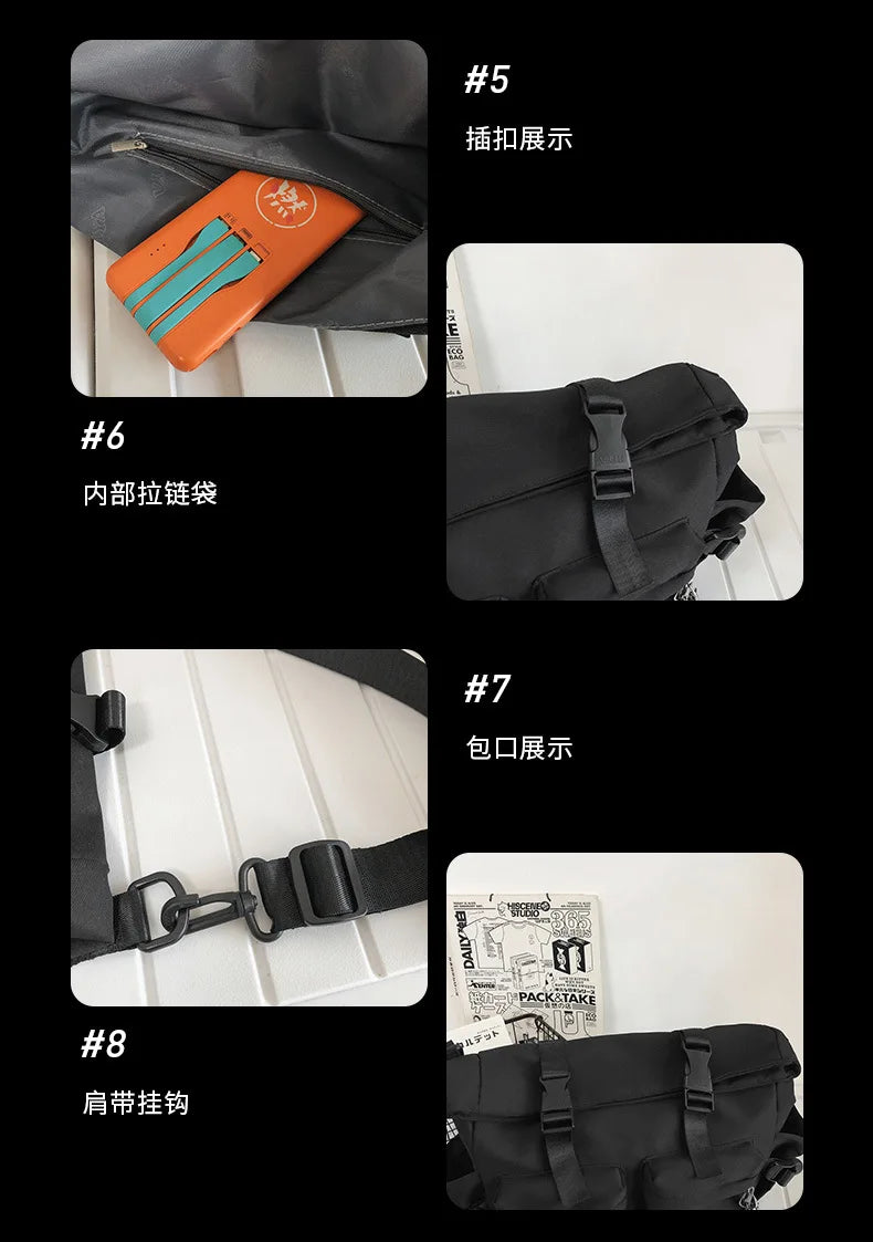 Close-up views of a black nylon crossbody bag showing the zipper, interior lining, hardware, and strap details.