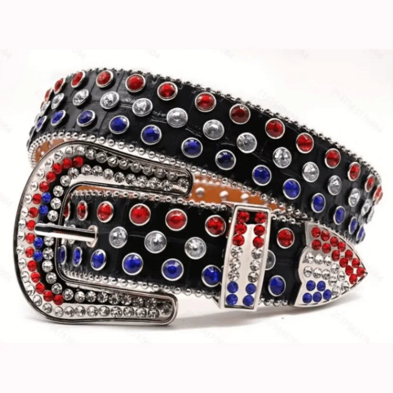 A decorative western buckle belt featuring black leather and rhinestones with red, blue, and silver accents.