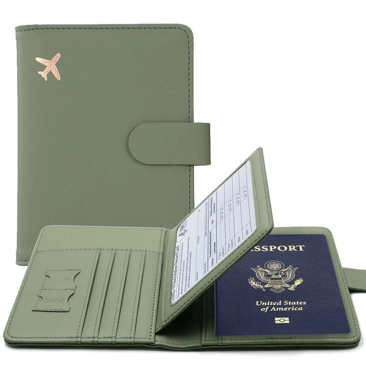 A green slim PU leather RFID blocking passport and ID wallet with a flap and SIM card slot.