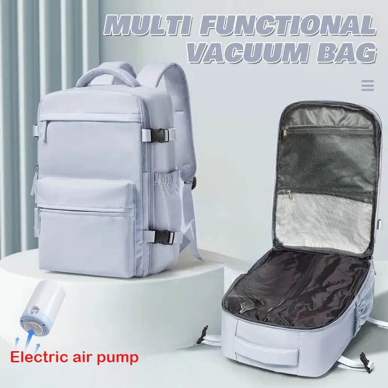 A multi-functional vacuum bag featuring a light gray backpack and an attached compression bag with an electric air pump.