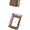 A brown leather wallet with multiple credit cards and an RFID blocking feature is shown in various forms.