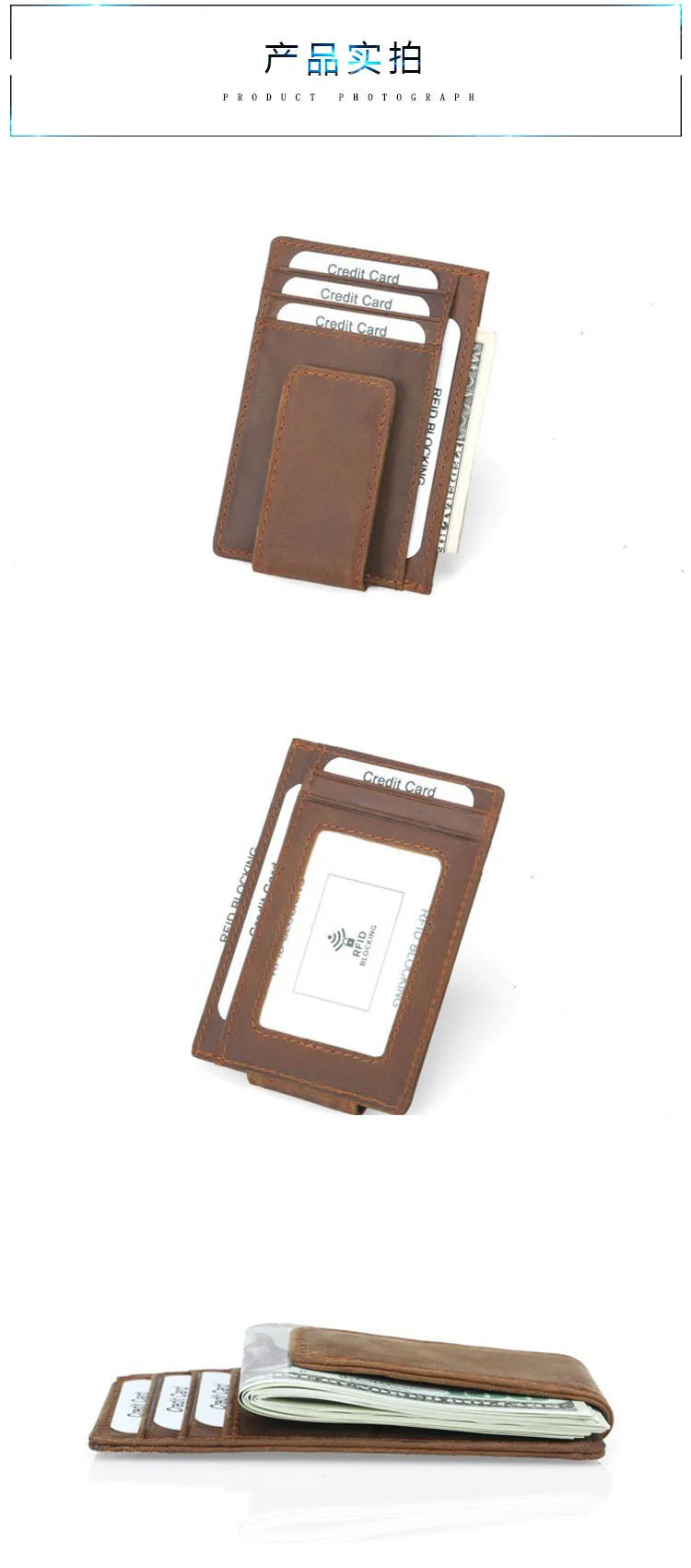 A brown leather wallet with multiple credit cards and an RFID blocking feature is shown in various forms.