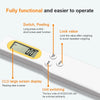 A precision digital kitchen scale showing features like a long press switch, peel function, lock value, large screen display,