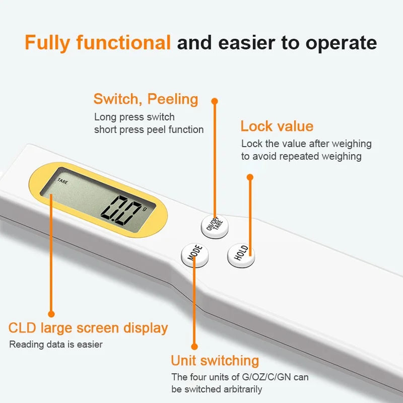 A precision digital kitchen scale showing features like a long press switch, peel function, lock value, large screen display,