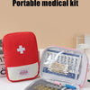 A red portable medical kit storage bag with an open compartment showing various medical supplies like bandages and pills.