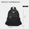 Black waterproof women's travel backpack shown from the back with various zippered compartments.