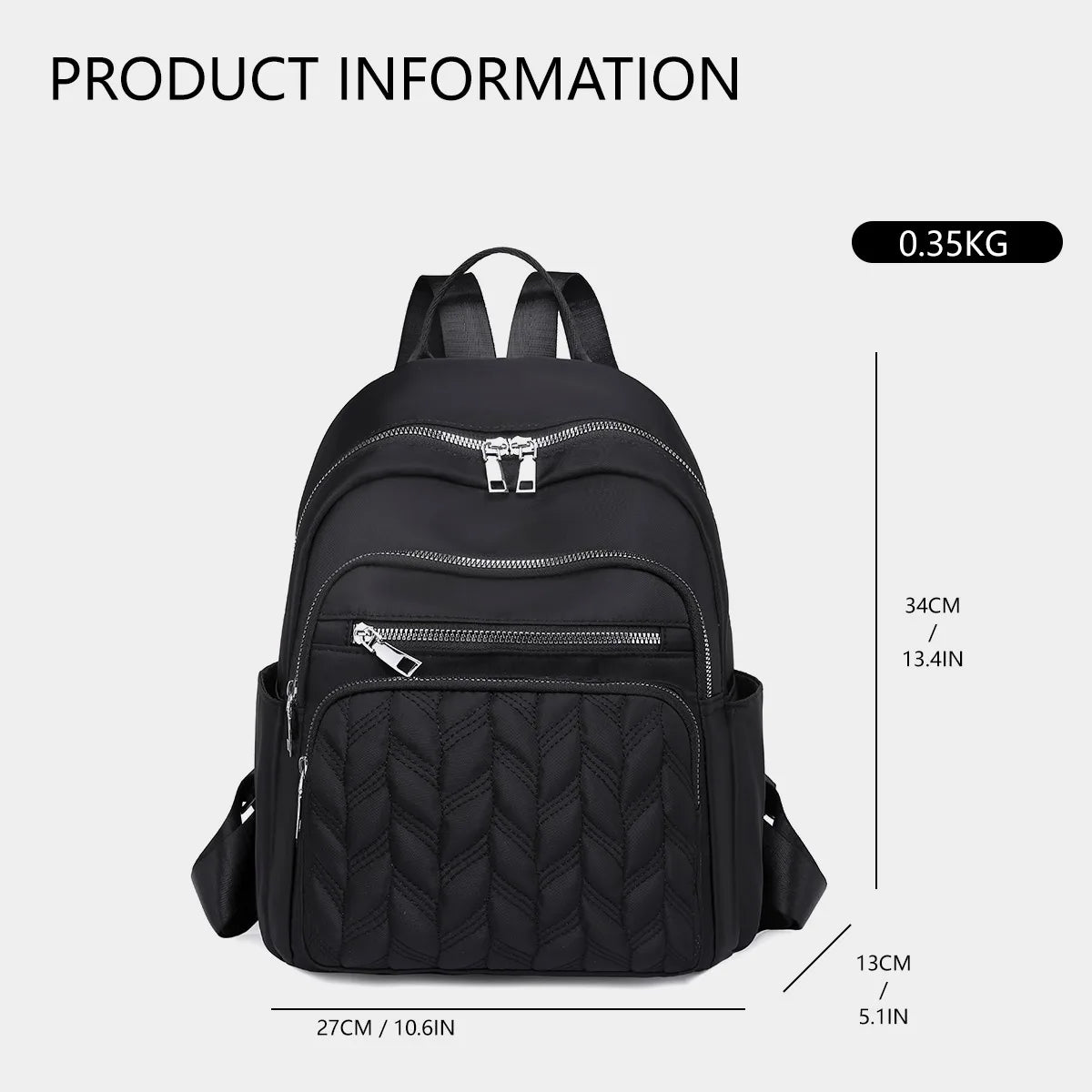 Black waterproof women's travel backpack shown from the back with various zippered compartments.