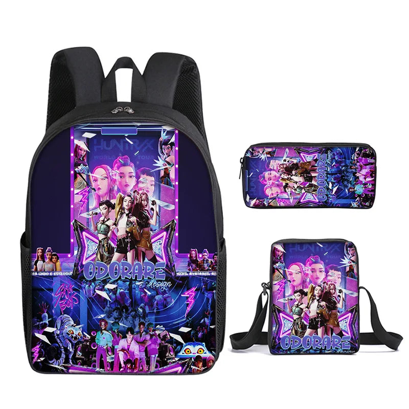 A black backpack featuring an Upcore theme with colorful anime characters and text.