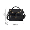Black insulated picnic cooler backpack with gold accents shown from the front and side view.