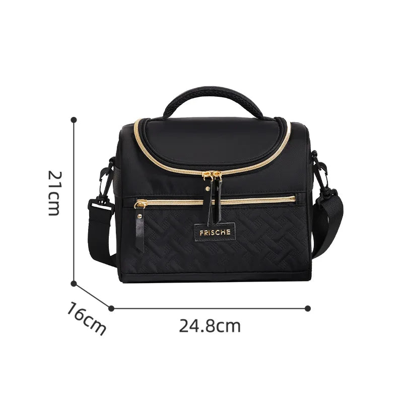 Black insulated picnic cooler backpack with gold accents shown from the front and side view.