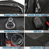 Close-up view of a black travel backpack showing features like a rugged handle, durable metal zippers, headphone port, USB po