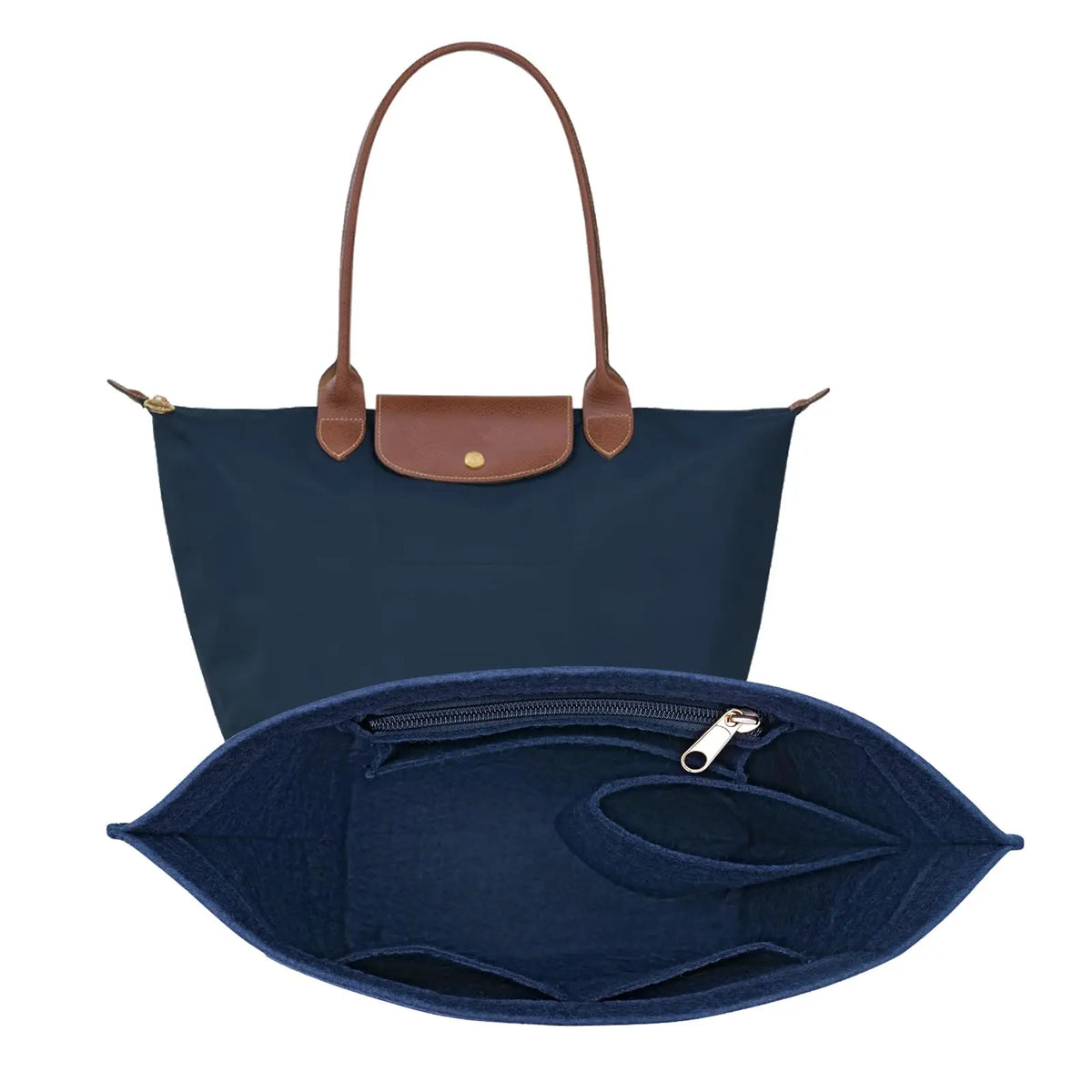 A navy blue felt organizer insert designed to fit into a handbag.