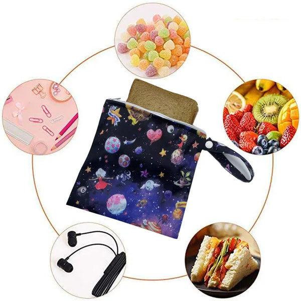 A collection of reusable waterproof snack bags with zipper closures, including colorful candies and food items.