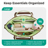 A large green quilted tote bag shows various organized compartments for essentials including a laptop and accessories.
