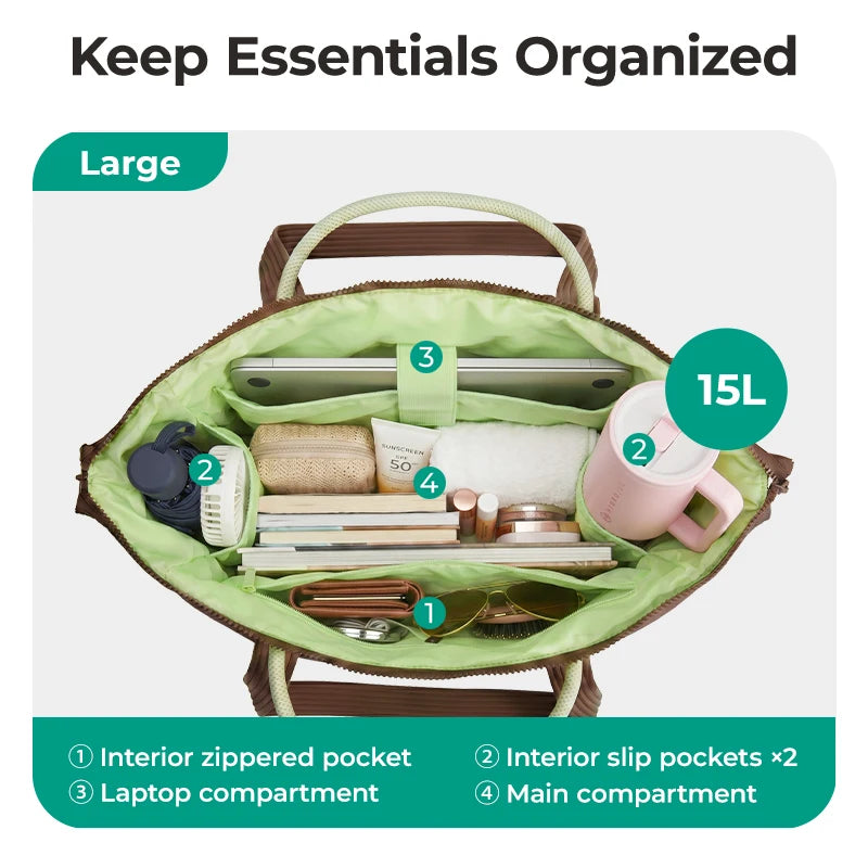 A large green quilted tote bag shows various organized compartments for essentials including a laptop and accessories.
