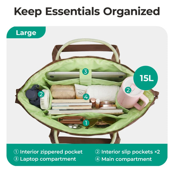 A large green quilted tote bag shows various organized compartments for essentials including a laptop and accessories.