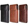 Three brown and black leather belt loop phone cases for iPhone displayed side by side