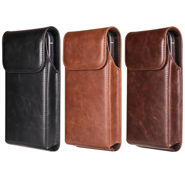 Three brown and black leather belt loop phone cases for iPhone displayed side by side