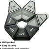 A black weekly pill organizer divided into seven sections labeled MON, TUE, WED, THU, FRI, SAT, and SUN.